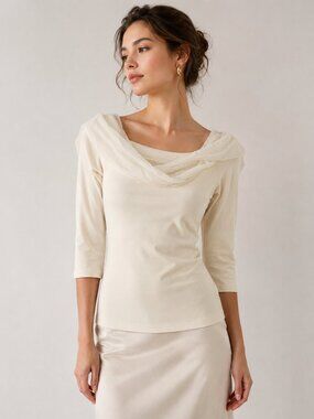 NWT WHBM Ivory Draped Cowl Neck 3/4 Sleeve Top Elegant Minimalist Size S